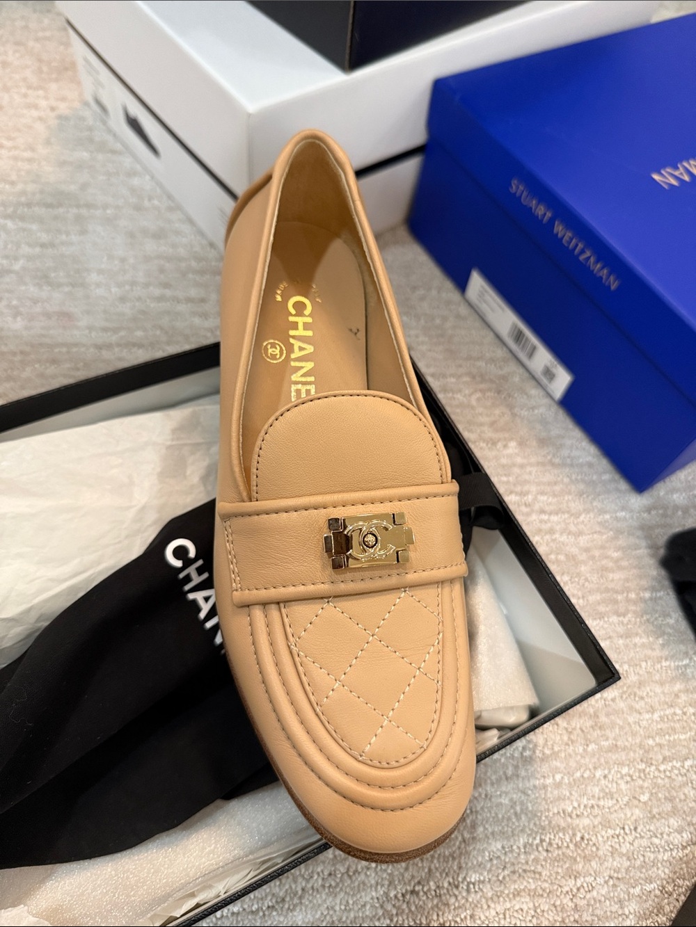 CHANEL Tan Quilted Leather Loafer with Gold CC Turnlock